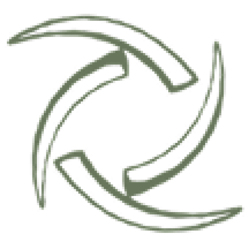 The image displays a stylized design featuring four curving, muted green shapes arranged in a circular, swirling pattern against a white background.